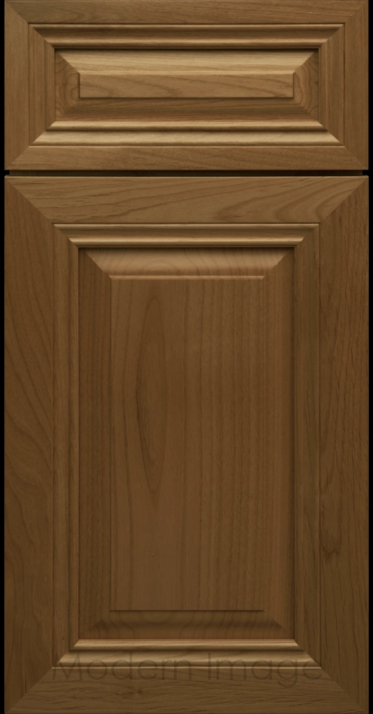 Close-up of a Perfect Brown-stained wood cabinet door with a mitered frame and traditional Cambridge raised center panel.